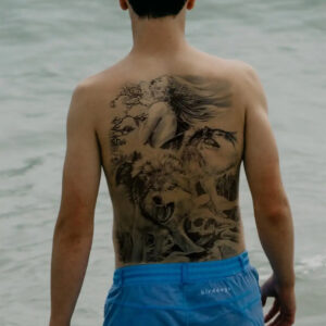 Geçici Kurt ve Kadın Modelli Sırt Dövme Tattoo