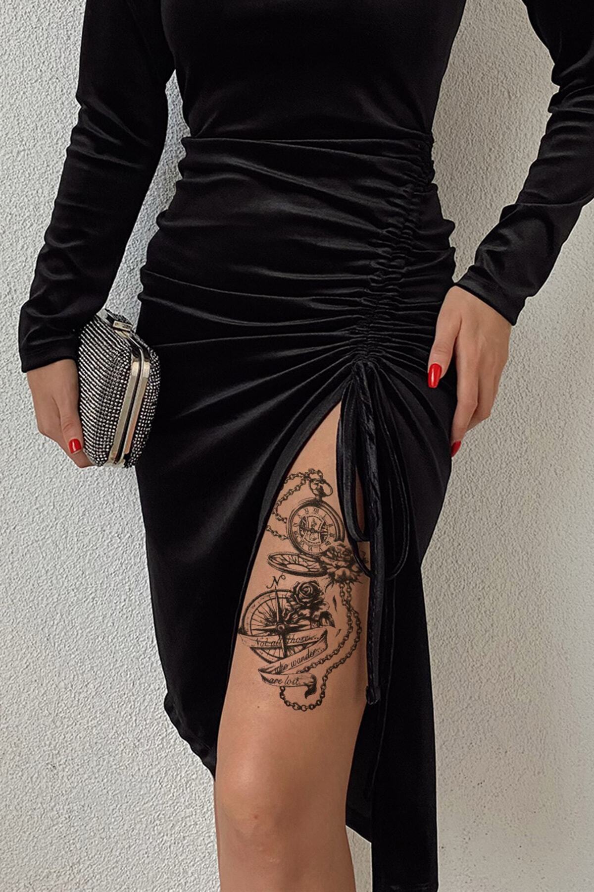 Pusula ve Köstekli Saat Desenli Geçici Dövme - Gerçekçi Suya Dayanıklı Tattoo