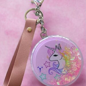 Pembe Renk Unicorn Figürlü Simli Cep Ayna / Anahtarlık