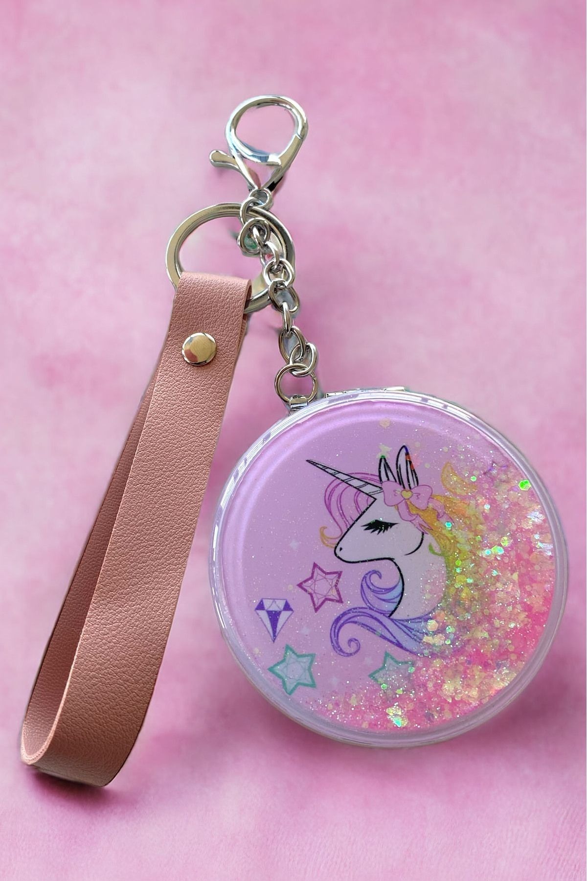 Pembe Renk Unicorn Figürlü Simli Cep Ayna / Anahtarlık