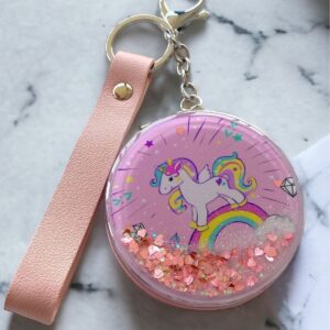 Pembe Renk Unicorn Figürlü Simli Cep Ayna / Anahtarlık