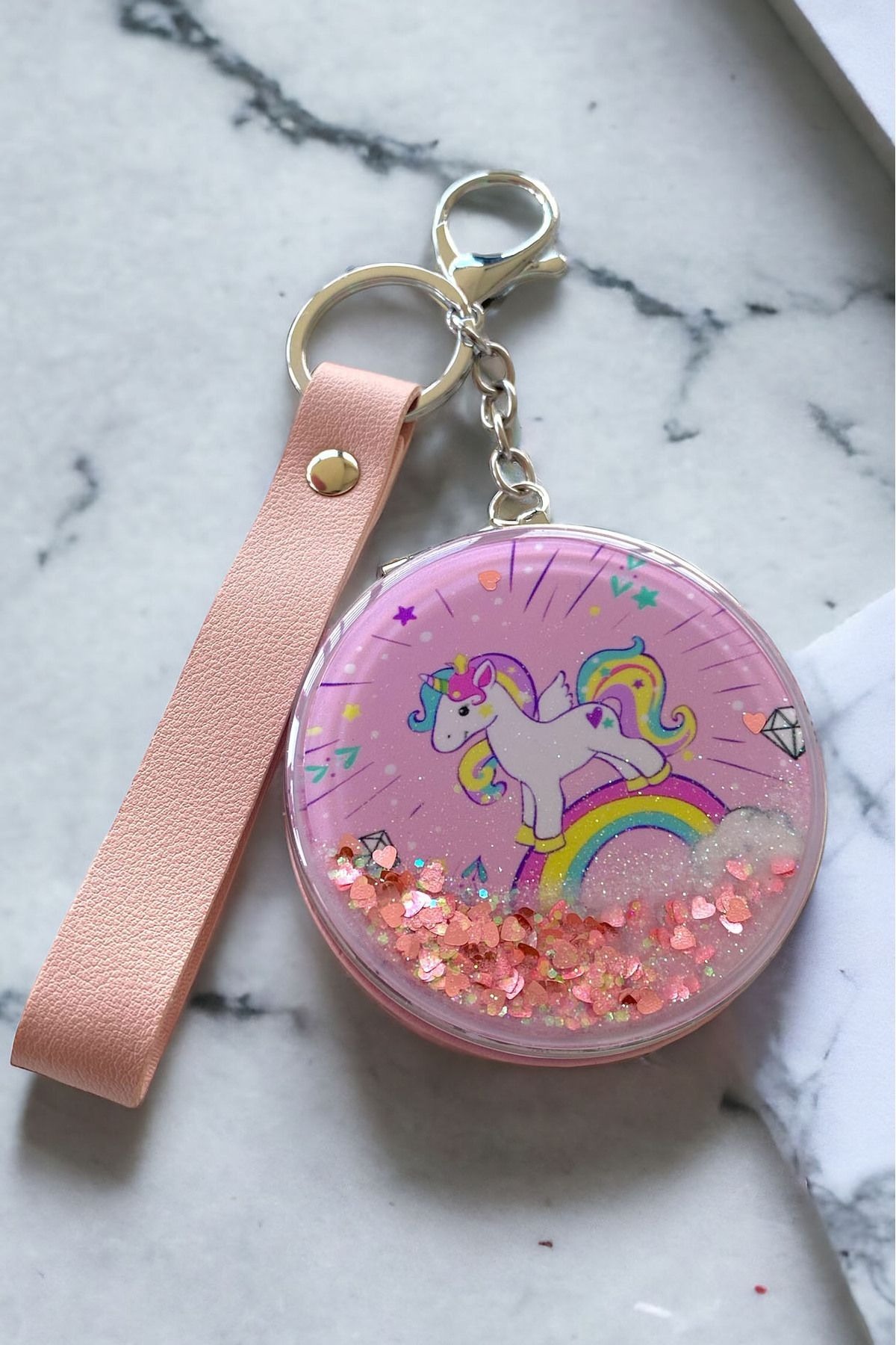 Pembe Renk Unicorn Figürlü Simli Cep Ayna / Anahtarlık