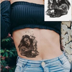 Retro Urban Seri Kadın ve Araba Figürlü Geçici Dövme - 15x21 cm Büyük Boy Tattoo